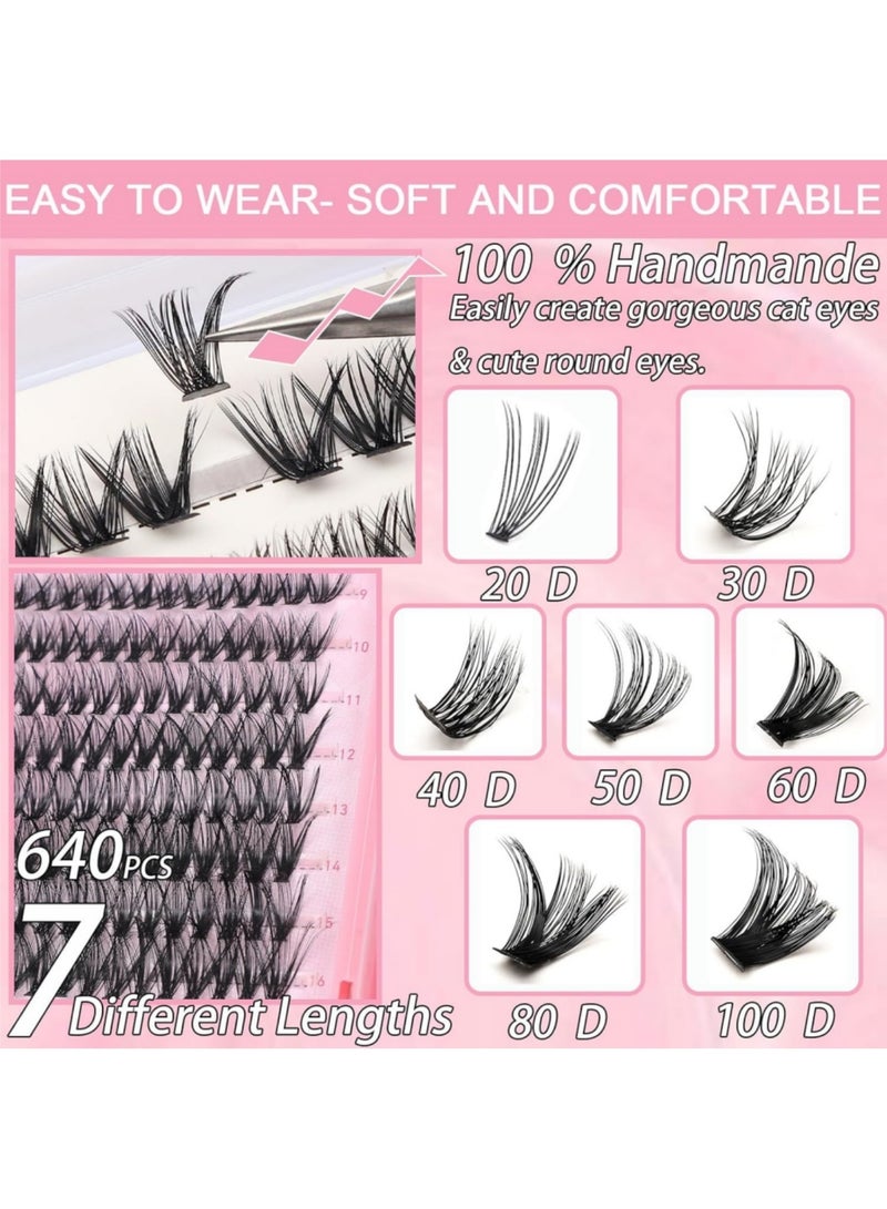 saykfoe Lash Clusters Kit, 640 Pcs Eyelashes Clusters Extensions Kit 9-16mm Individual Lashes D Curl Fluffy Wispy False Eyelashes Thin Band with Bond Seal Tweezers Brush DIY (30D+40D+50D+60D Kit 9-16mm) - Image 2